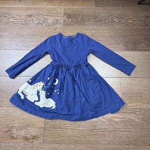 Mini Boden Girls Unicorn Appliqué Dress, Navy, Long Sleeve, Size 4-5 100% Cotton